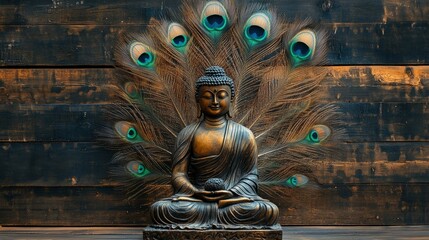 Buddha statue with wooden background and peacock featherwallpaper image with peacock feather and...