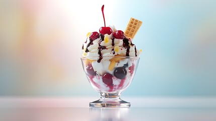 A colorful ice cream sundae in a glass bowl, topped with whipped cream, cherries, and a wafer stick.