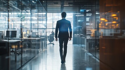 A business professional walks through a modern office with an AI hologram assistant projected from a smartwatch, organizing the day&rsquo;s schedule and displaying important notifications.

