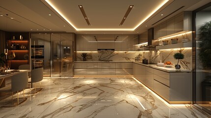 Obraz premium Modern kitchen design featuring elegant marble flooring and contemporary cabinetry with warm lighting, showcasing a stylish culinary space ideal for meal preparation at any time