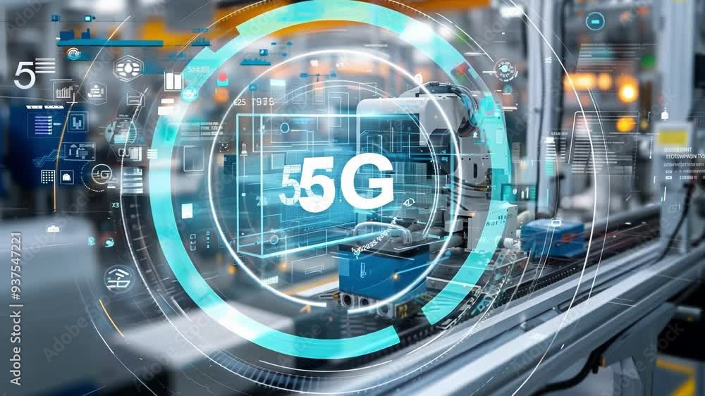 Poster robotic arm assembles a circuit board in a factory with 5g technology, showcasing innovative and eff