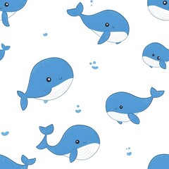 Obraz premium Cute cartoon blue whales, seamless pattern on a white background