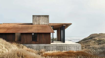 Architecture of a wooden modern house. Modern villa made of wood, concrete and stone. Architecture and design concept.