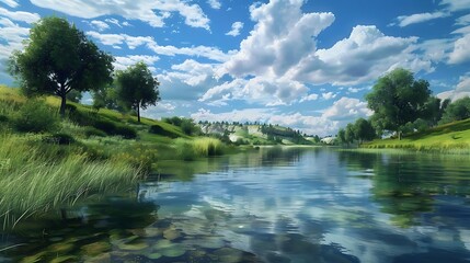 A serene landscape featuring a calm river, lush greenery, and a vibrant sky filled with clouds.