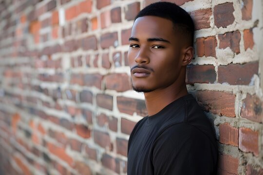 Urban African Man Brick Wall Portrait Headshot Candid Look