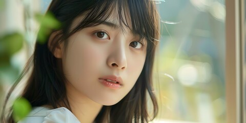 Young Asian Woman Portrait with Long Hair Looking at Camera