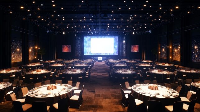 A large, empty conference hall with round tables and chairs set up for a formal event. A large screen hangs at the front.