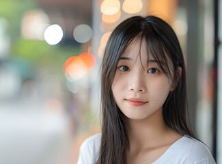 Fototapeta premium Close Up Portrait of Young Asian Woman with Long Black Hair