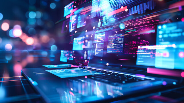 A computer screen is lit up with a lot of different icons and graphics. Concept of technology and innovation, with the various icons and graphics representing different aspects of modern computing.