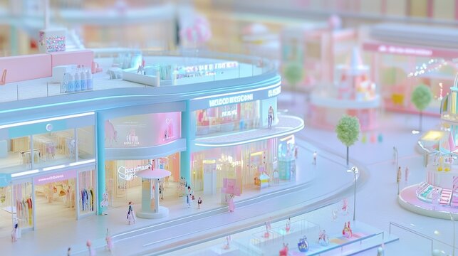 A miniature city model with pastel colors, showcasing a bustling shopping district with shops, pedestrians, and a fountain.