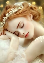 Sleeping Beauty in White Dress with a Crown