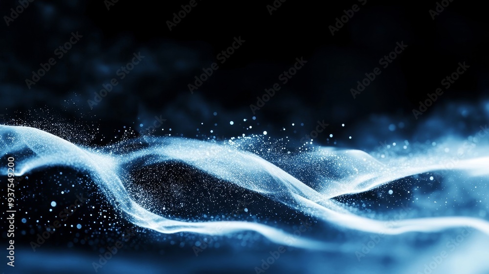 Poster abstract blue glowing waves on a dark background with sparkling particles.