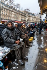 Group of Men Sitting on a Bench in Paris, France