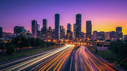 Fototapeta premium A bustling city skyline at dusk, featuring illuminated skyscrapers and heavy traffic on a bridge. Long exposure captures car headlights as light trails