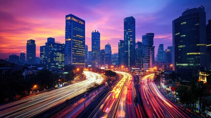 A bustling city skyline at dusk, featuring illuminated skyscrapers and heavy traffic on a bridge. Long exposure captures car headlights as light trails