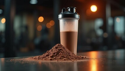 A shaker bottle filled with a chocolate vegan protein shake sits beside a scoop of powder on a glossy table, with a blurry gym background and dim light.	
