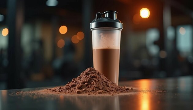 A shaker bottle filled with a chocolate vegan protein shake sits beside a scoop of powder on a glossy table, with a blurry gym background and dim light.	
