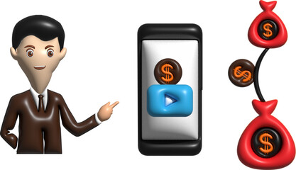 3d vector illustration of business technology person cell phone and dollar tree