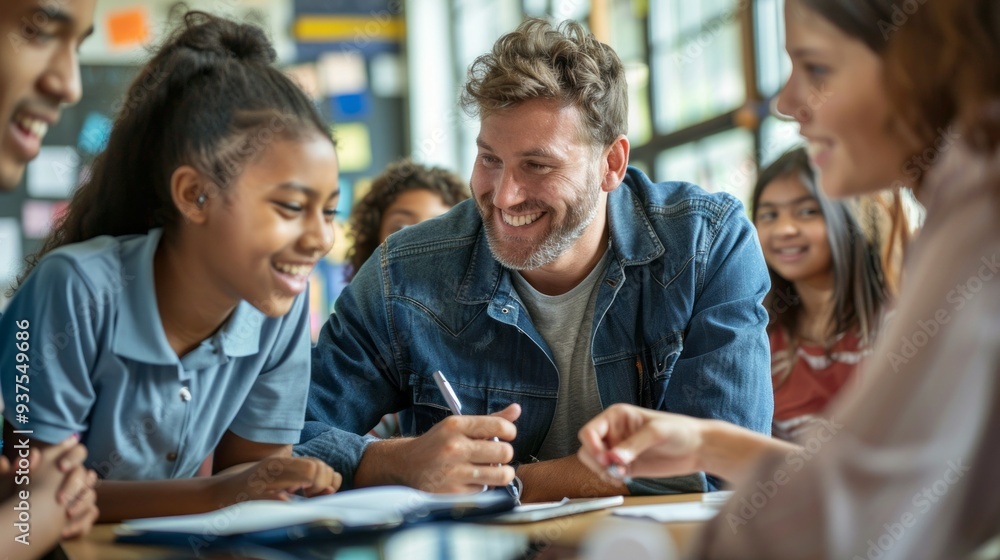 Poster a cheerful teacher interacts with eager students, sparking creativity through teamwork and discussio