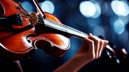 Fototapeta premium Close-up of a violin being played on a stage with blurred lights in the background.