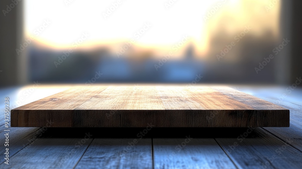 Poster empty wooden platform with blurred background of a window view. perfect for product display or showc
