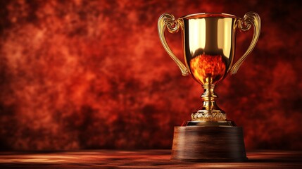 Golden trophy on a wooden base against a red background.  The trophy is a symbol of success, achievement, and victory.