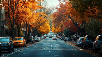 Obraz premium A bustling city street lined with autumn trees in vibrant shades of orange and yellow. The scene blends urban life with the beauty of the fall season.