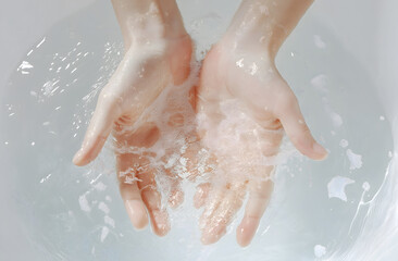 Fototapeta premium Close-Up of Hands Being Washed in Sink with Clear Water