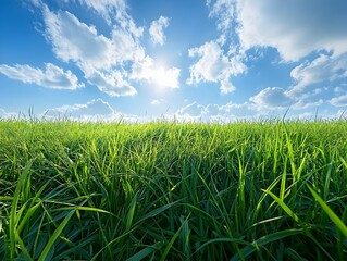 Fototapeta premium Early Morning Serene Grassy Meadow with Clear Skies and Scenic Countryside Backdrop