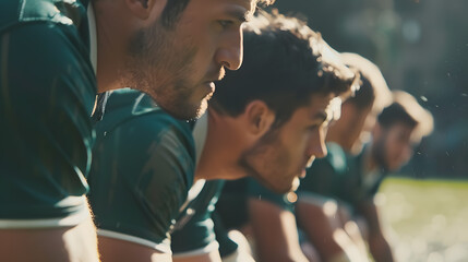 Rugby Players Ready: Male rugby players preparing for a match in a stadium.