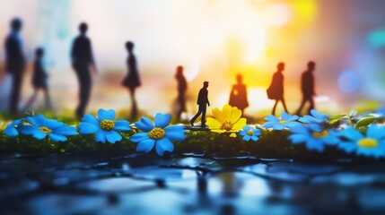 Silhouettes of people walking through a field of blue flowers with a blurred background of a city skyline.  The setting sun casts a warm glow.