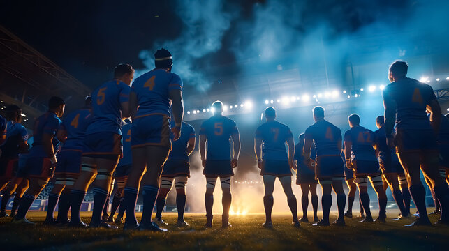 Rugby Players Ready: Male rugby players preparing for a match in a stadium.