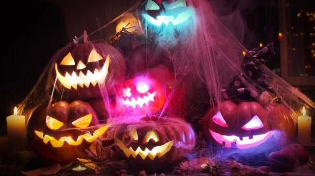 Large heap of various Halloween pumpkins with lanterns inside, flickering with neon lights, covered in spooky cobwebs, emitting mist on the holiday night. Close up.