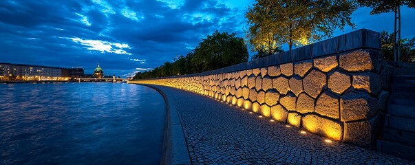A 3D Berlin Wall with soft lighting on the right, representing the historical significance of Germanyâ€™s division and reunification.