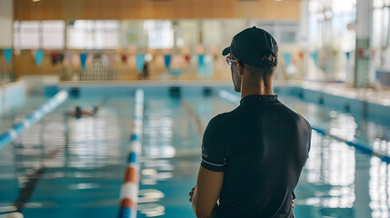 Swimming Coach: Male swimming coach standing by the pool, observing swimmers during training.