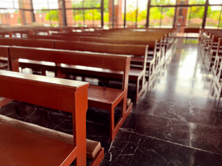 interior of the church, Rows of Church Pews in an Empty Church Sanctuary, Empty old wooden pews in...