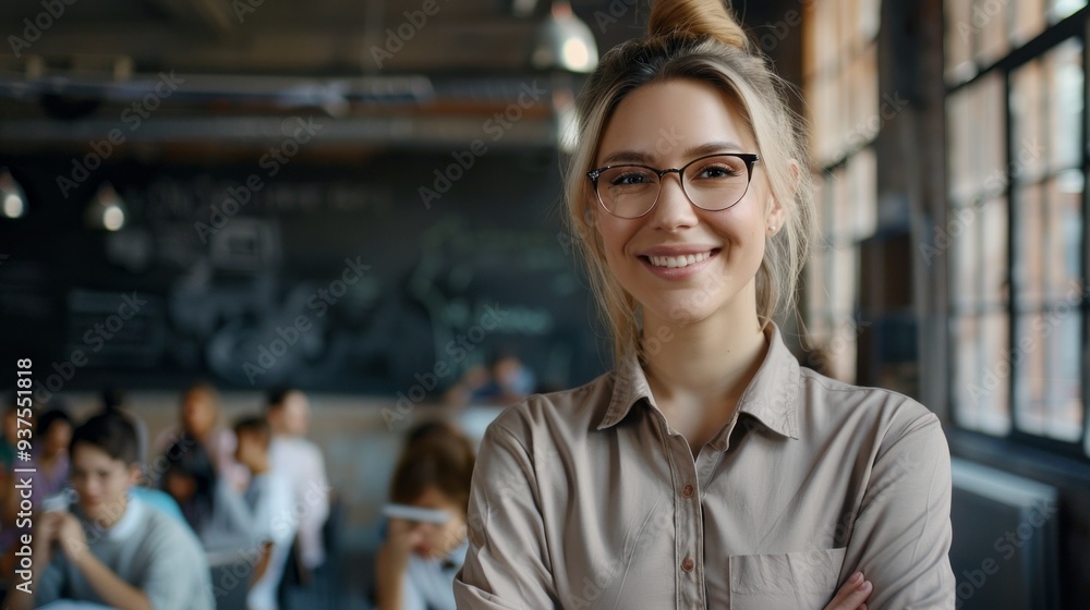 Poster in a contemporary classroom filled with eager students, a confident teacher beams with enthusiasm, c