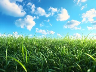 Expansive Green Meadow Beneath a Bright Blue Sky with Wispy Clouds