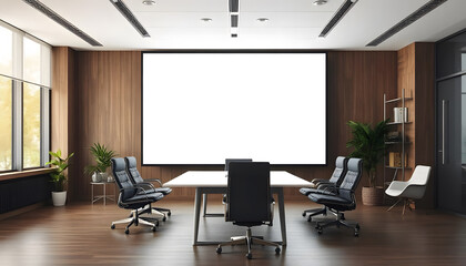 A large screen displaying a blank white screen mockup in a modern conference room with a white table and chairs, mockup for screen, office with table and chair