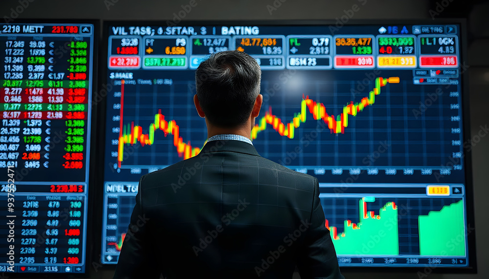 Poster a man in a suit standing in front of a large screen displaying financial data and charts