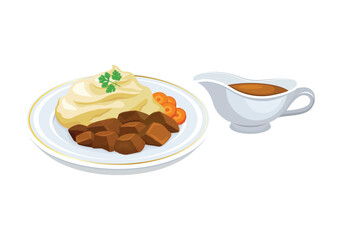 Mashed potatoes with meat and gravy vector illustration. Mashed potatoes and beef on a plate icon vector isolated on a white background. Gravy sauce boat drawing