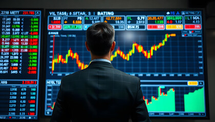 A man in a suit standing in front of a large screen displaying financial data and charts