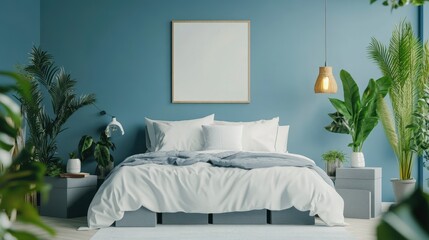 Sky blue bedroom interior with double bed, plants and grey boxes on the floor , ai