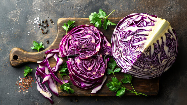 Bright red cabbage sliced on a wooden cutting board against the background of a dark stone table. - Powered by Adobe