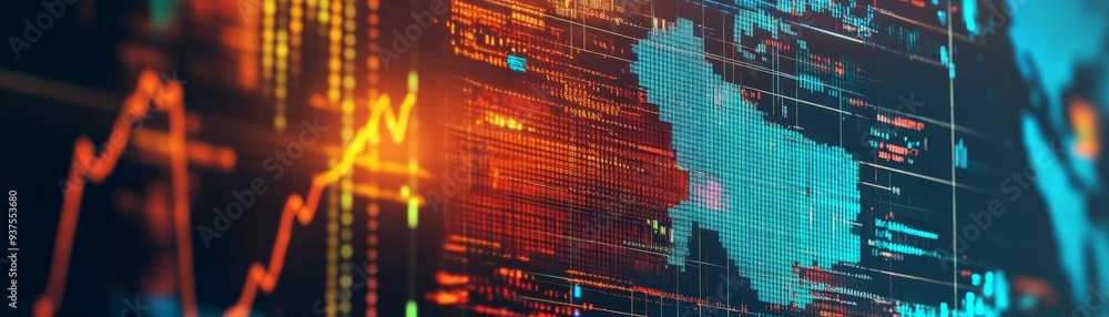 Poster a digital screen displaying stock market data analysis, including graphs and a map, in a technology-