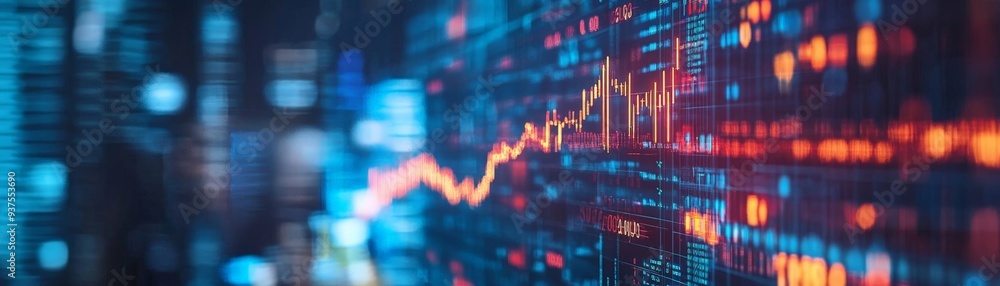 Poster a dynamic stock market chart with glowing line graphs and financial data, showcasing digital trends 