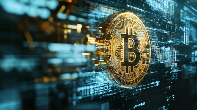 A digital representation of Bitcoin amidst futuristic technology background, symbolizing cryptocurrency and blockchain innovation.
