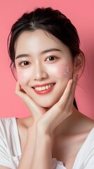 Obraz premium Smiling Asian Woman with Face Cream on Her Cheeks
