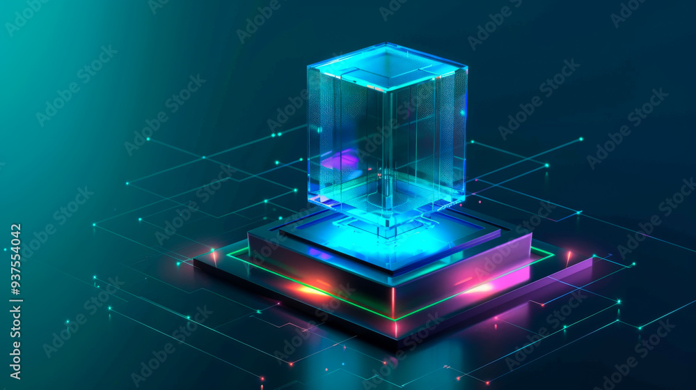 Poster the ice cube is on a blue background. the cube is surrounded by a colorful glowing background. cyber