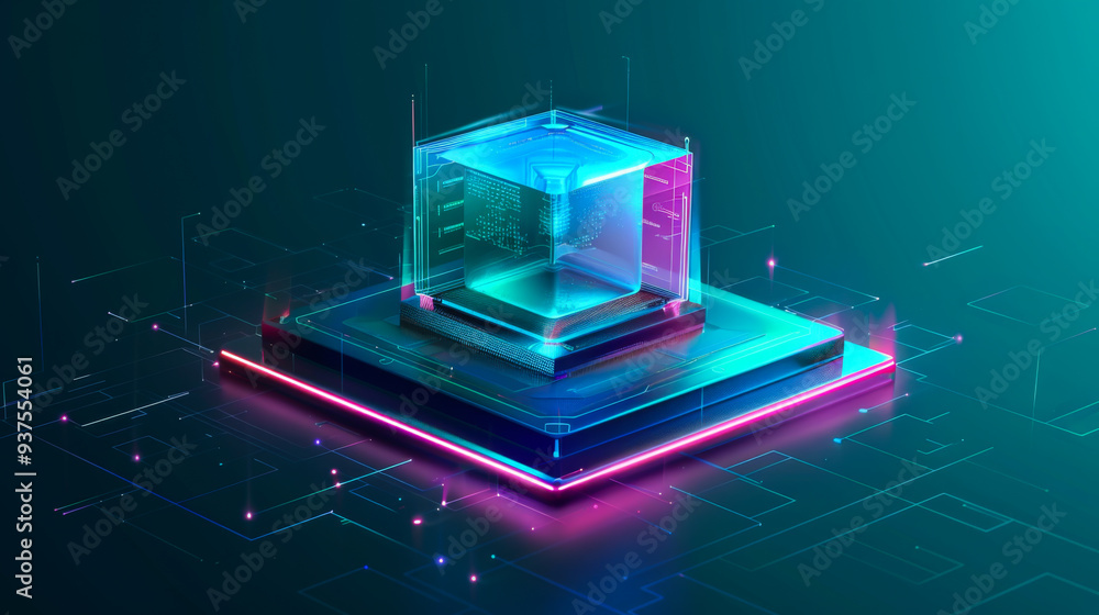 Poster the ice cube is on a blue background. the cube is surrounded by a colorful glowing background. cyber